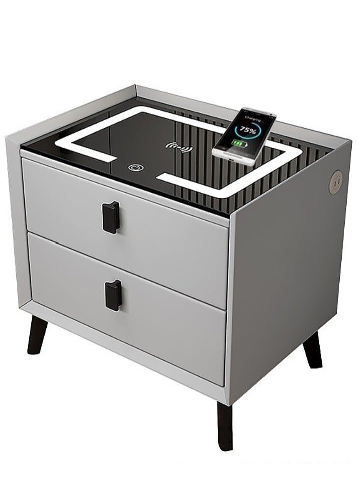 VUCATIN Smart Nightstands with Wireless Charging Station USB Port Modern Nightstands with 3 Color LED Lights Wooden End Side Table for Bedroom Dorm 2 Storage Drawers (Light Grey) - Image 1