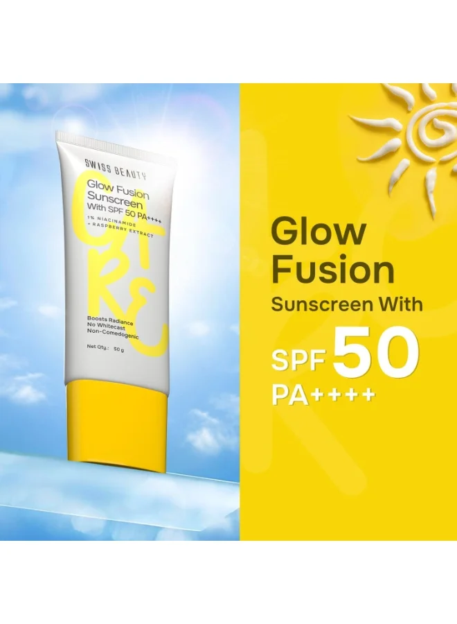 Swiss Beauty Swiss Beauty Care Glow Fusion Sunscreen SPF50 PA++++ | 1% Niacinamide & Raspberry Extract | Boosts Radiance | Fights Premature Signs Of Aging | 50gm