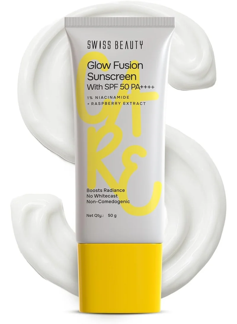 Swiss Beauty Swiss Beauty Care Glow Fusion Sunscreen SPF50 PA++++ | 1% Niacinamide & Raspberry Extract | Boosts Radiance | Fights Premature Signs Of Aging | 50gm