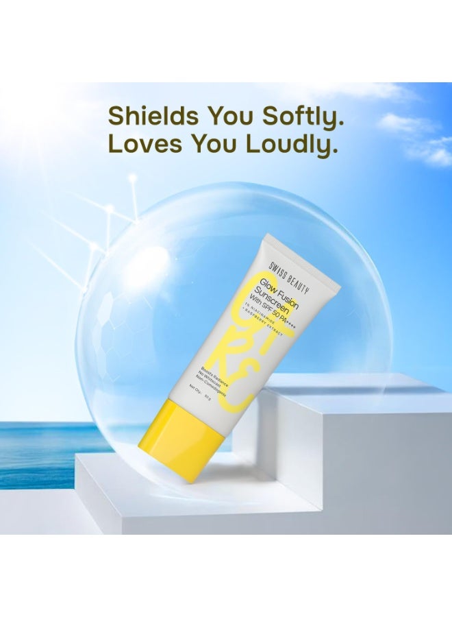 Swiss Beauty Care Glow Fusion Sunscreen SPF50 PA++++ | 1% Niacinamide & Raspberry Extract | Boosts Radiance | Fights Premature Signs Of Aging | 50gm - Image 3