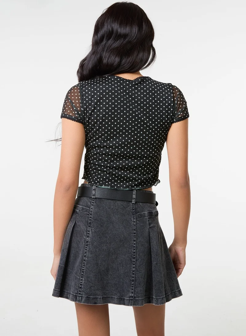 Pink Vanilla Polka Dot Mesh Cap Sleeve Crop Top