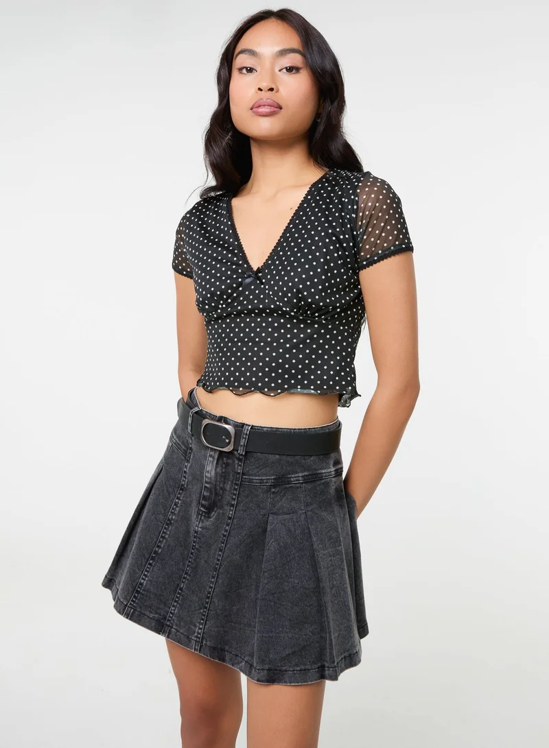 Pink Vanilla Polka Dot Mesh Cap Sleeve Crop Top