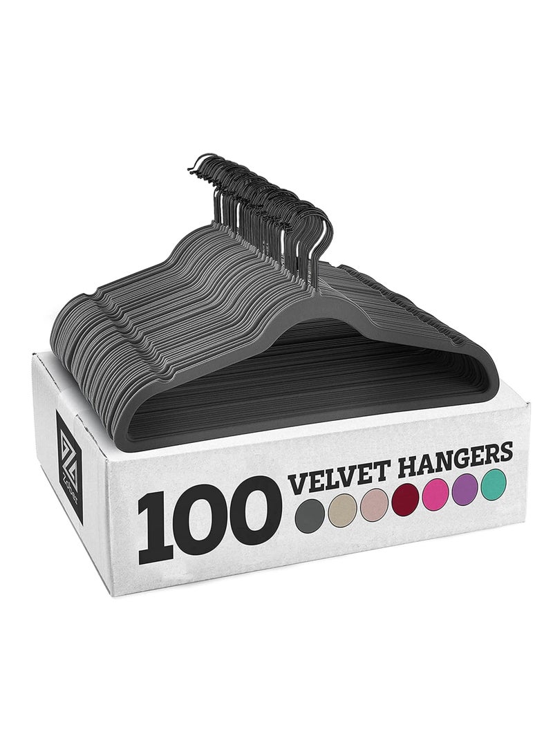ZOBER Non-Slip Velvet Hangers With Black Hook - Space Saving 360° Swivel Hook Strong and Durable Clothes Hangers Hold Upto 10 Lbs, for Suits, Coats, Jackets, Pants, Dress Clothes (100 PACK, GREY) - Image 1