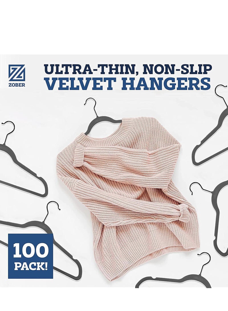 ZOBER Non-Slip Velvet Hangers With Black Hook - Space Saving 360° Swivel Hook Strong and Durable Clothes Hangers Hold Upto 10 Lbs, for Suits, Coats, Jackets, Pants, Dress Clothes (100 PACK, GREY) - Image 2