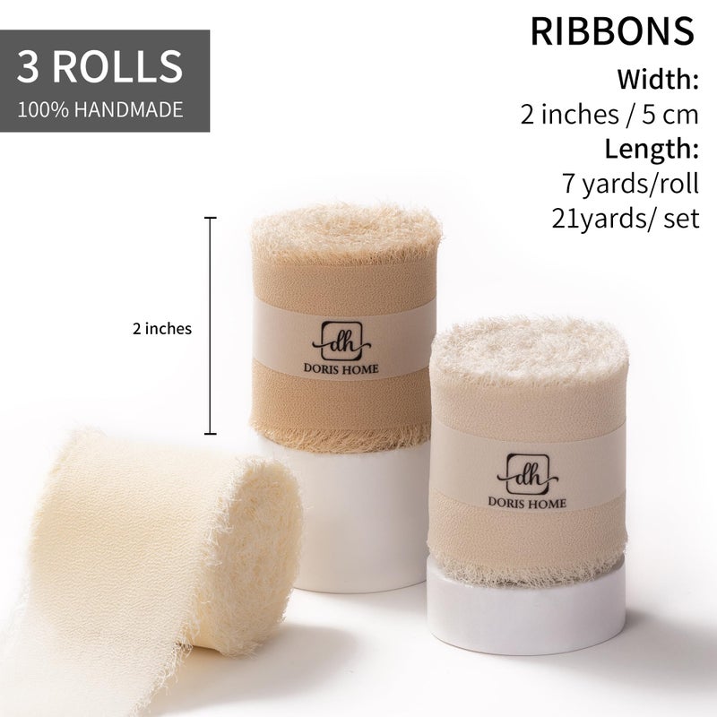 DORIS HOME 2" x21Yd Chiffon Ribbon for Flower Bouquet, Sand & Nude Fabric Ribbon for Gift Wrapping, Handmade Frayed Ribbon for Wedding/Christmas Decorations - Image 3