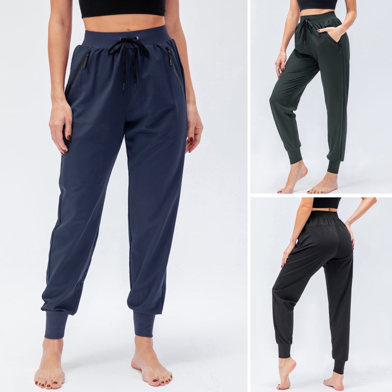 Running Pants: Large Grey Stretch Fabric - Quick-Drying Workout Leggings With Zippered Hidden Pockets Drawstring Waist Tapered Legs for Women’s Gym Yoga Hiking Lounging - Image 3