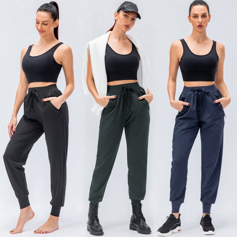 Running Pants: Large Grey Stretch Fabric - Quick-Drying Workout Leggings With Zippered Hidden Pockets Drawstring Waist Tapered Legs for Women’s Gym Yoga Hiking Lounging - Image 4