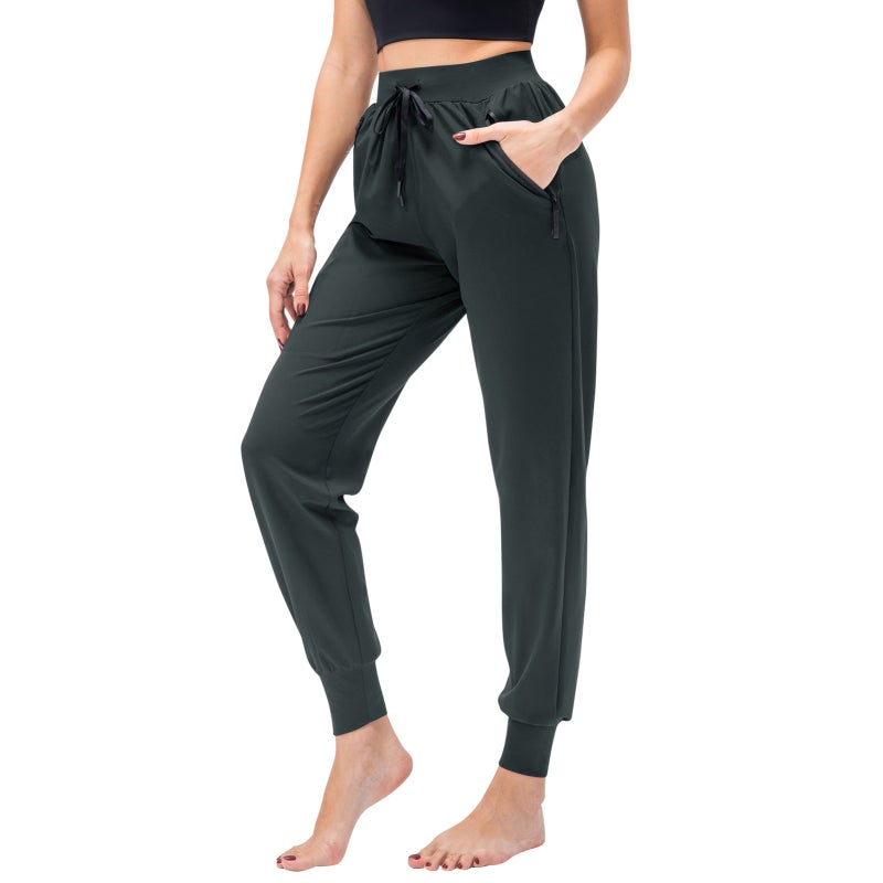 Running Pants: Large Grey Stretch Fabric - Quick-Drying Workout Leggings With Zippered Hidden Pockets Drawstring Waist Tapered Legs for Women’s Gym Yoga Hiking Lounging - Image 1