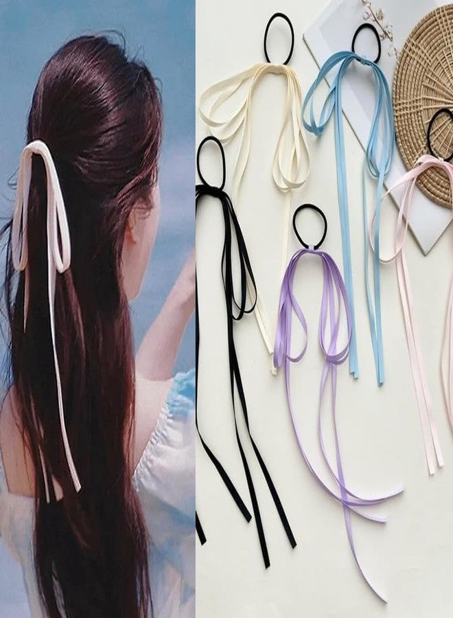 Minta 5 Pcs Luxury Hair Ribbon Bow Hair Ribbon Ties Tassel Long Ribbon Bow Hair Ties Scrunchies Ponytail Holder Scrunchie for Women Black/Beige/Blue/Purple/Pink (5pcs) - Image 1