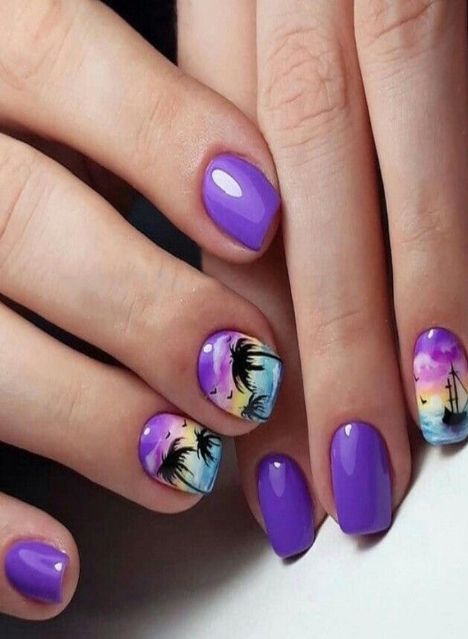 GRITOSE Summer Press on Nails Purple Fake Nails Full Cover Short Square Glue on Nails with Coconut Tree Sea designs Stick on Nails Glossy Reusable Acrylic Nails for Women Beach Manicure24pcs - Image 1