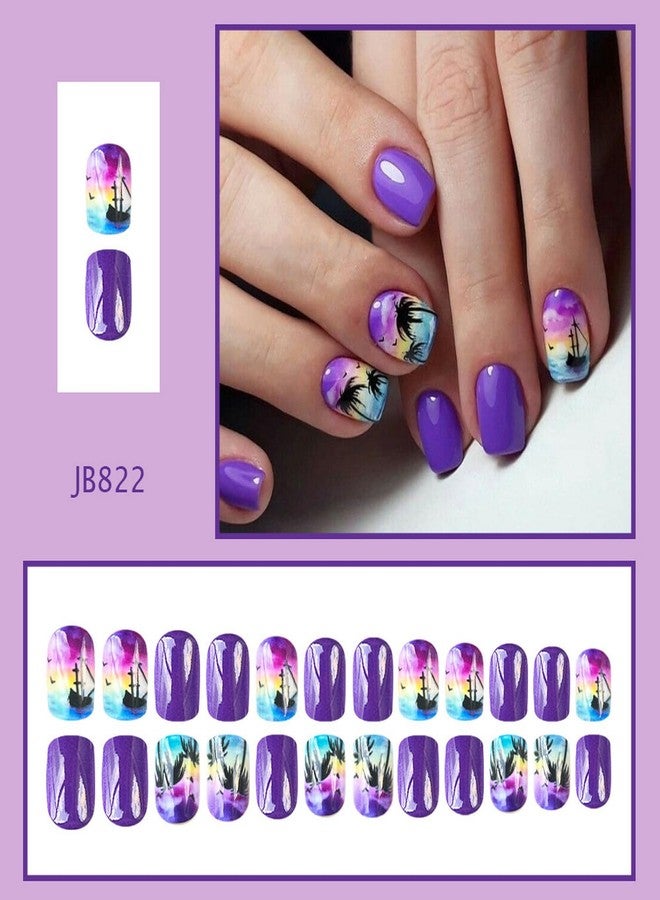 GRITOSE Summer Press on Nails Purple Fake Nails Full Cover Short Square Glue on Nails with Coconut Tree Sea designs Stick on Nails Glossy Reusable Acrylic Nails for Women Beach Manicure24pcs - Image 2