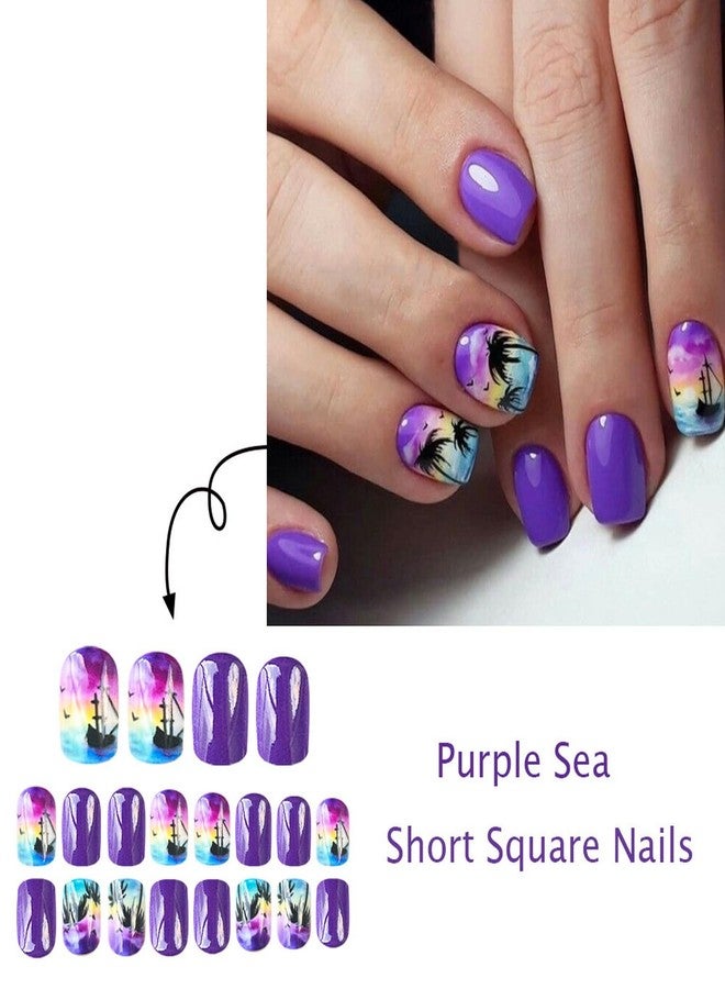 GRITOSE Summer Press on Nails Purple Fake Nails Full Cover Short Square Glue on Nails with Coconut Tree Sea designs Stick on Nails Glossy Reusable Acrylic Nails for Women Beach Manicure24pcs - Image 3