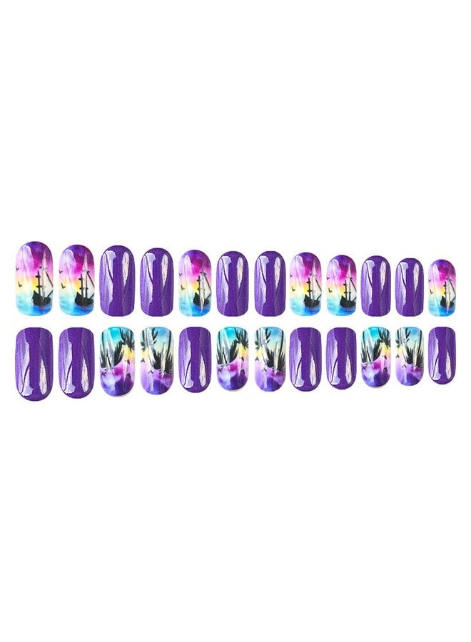 GRITOSE Summer Press on Nails Purple Fake Nails Full Cover Short Square Glue on Nails with Coconut Tree Sea designs Stick on Nails Glossy Reusable Acrylic Nails for Women Beach Manicure24pcs - Image 4