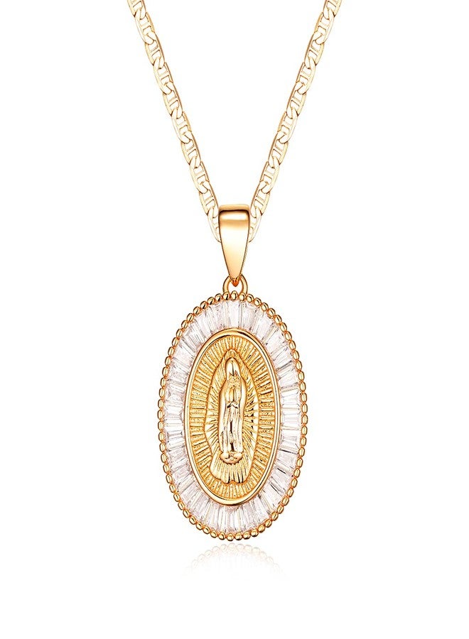 Barzel 18K Gold Plated Flat Mariner/Marina 060 3MM Chain Necklace With Cubic Zirconia Virgin Mary Guadalupe Charm Pendant, 20 inches, Metal, Cubic Zirconia - Image 1