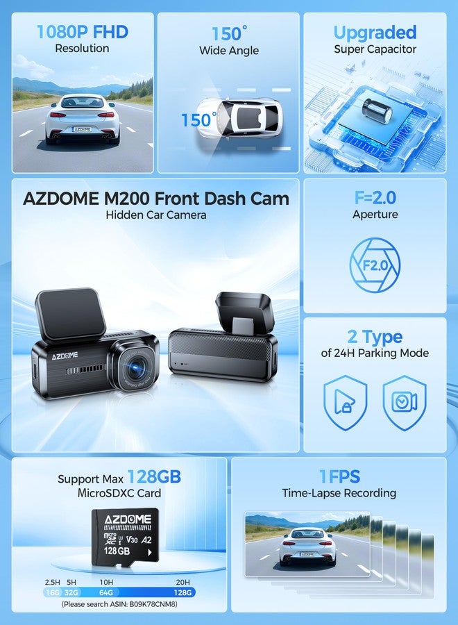 Azdome M200 Mini Dash Cam WiFi Dashcam, 1080P Front Dash Camera for Cars, Hidden Car Camera with 24H Parking Mode G-Sensor Night Vision, AZDOME APP, Loop Recording, Support 128GB Max, Easy to Install - Image 2