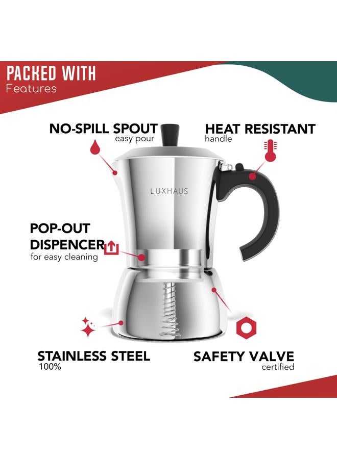 LUXHAUS Moka Pot - 9 Cup Stovetop Espresso Maker - 100% Stainless Steel Italian and Cuban Mocha Coffee Maker - Image 3