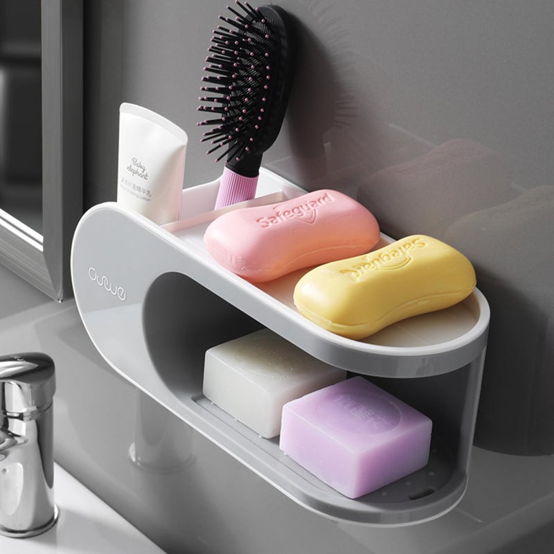 TYZAG Soap Holder Adhesive Storage Organizer Durable Bath Space Saving Design with 4 Removable Hooks Ideal for Sponge and Shelving Decor, Washroom and Kitchen Essential (Grey, 2 in 1 Soap Holder) - Image 4