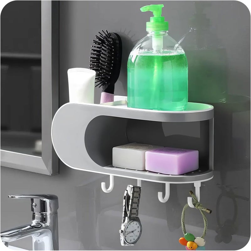 TYZAG Soap Holder Adhesive Storage Organizer Durable Bath Space Saving Design with 4 Removable Hooks Ideal for Sponge and Shelving Decor, Washroom and Kitchen Essential (Grey, 2 in 1 Soap Holder) - Image 1