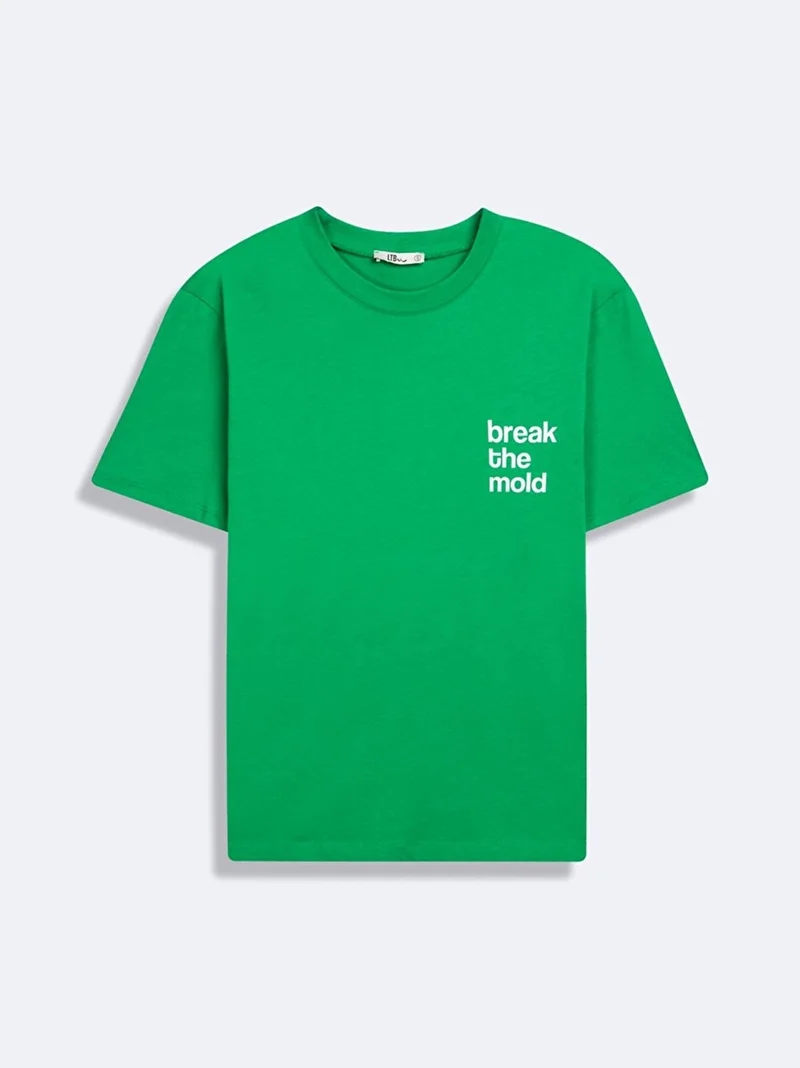 Short Sleeve Crew Neck Slogan Green T-Shirt
