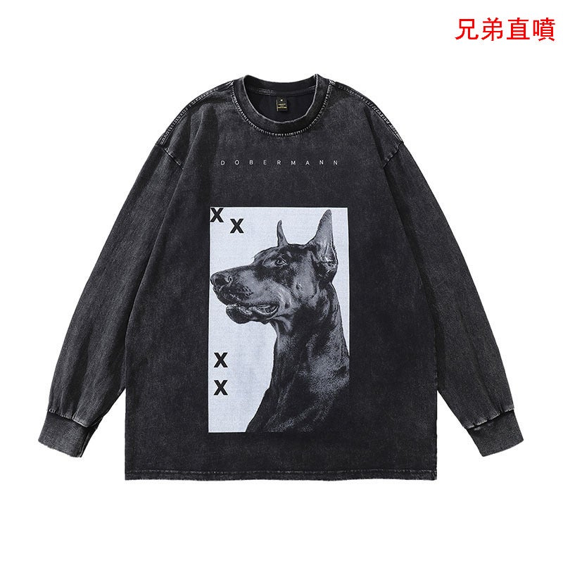 TKPA high street direct injection Doberman printed washed old short sleeve T-shirt men's and women's American style retro fashion brand half sleeve tee - Image 1