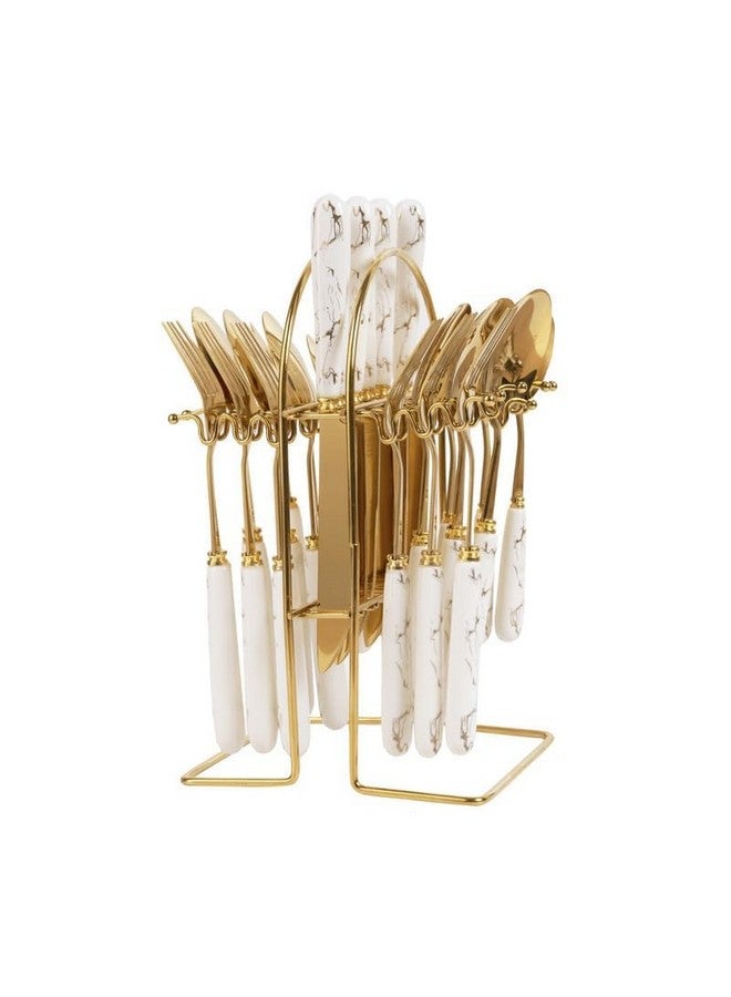 MGeezz Stainless Steel Spoons, Forks & Knives Set of 24 with Stand and Ceramic Handle (Abstract Golden) - Image 1