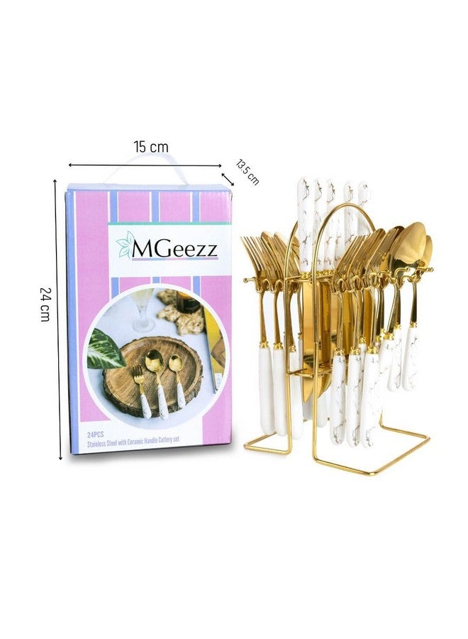 MGeezz Stainless Steel Spoons, Forks & Knives Set of 24 with Stand and Ceramic Handle (Abstract Golden) - Image 4