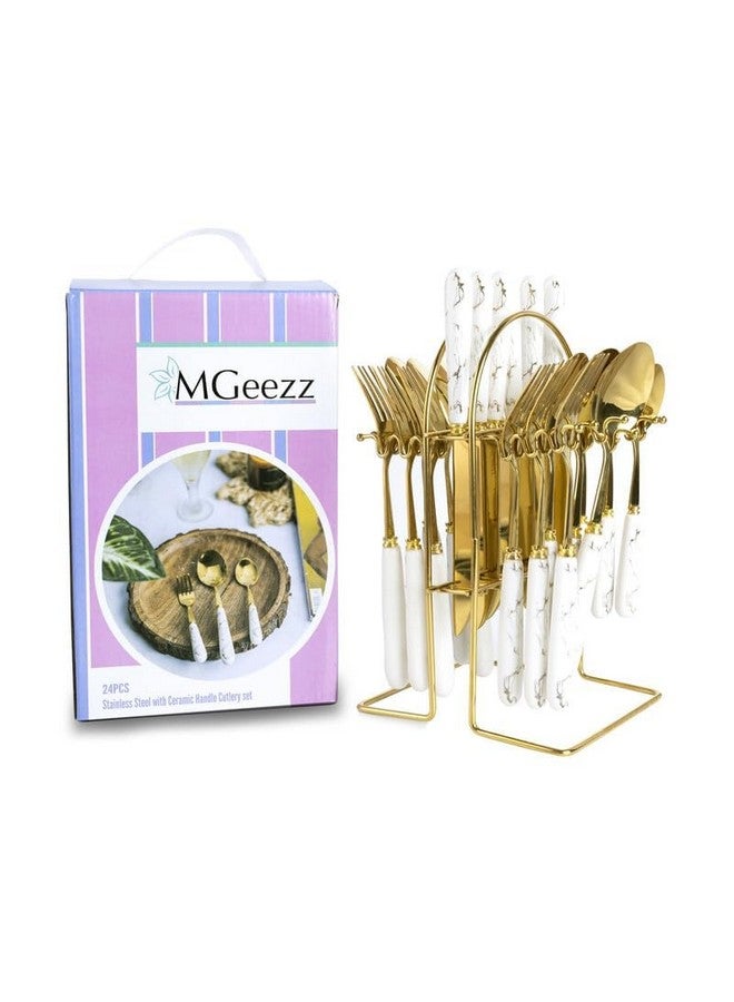 MGeezz Stainless Steel Spoons, Forks & Knives Set of 24 with Stand and Ceramic Handle (Abstract Golden) - Image 3