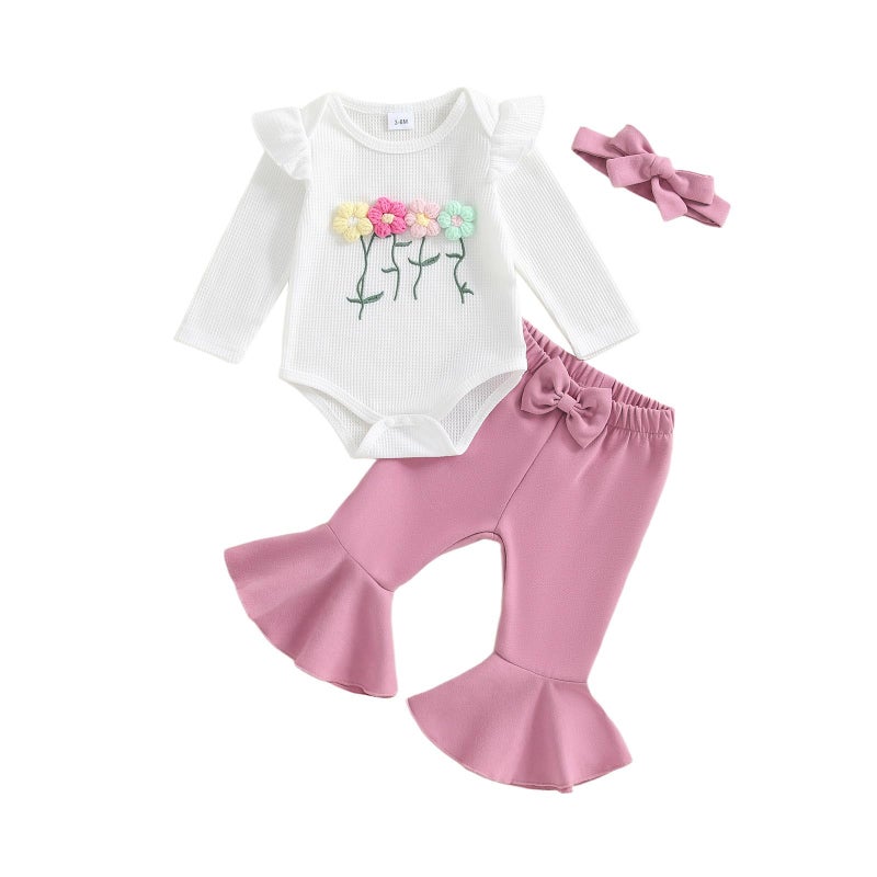 Douhoow Fall Baby Girl Clothes Crochet Flower Embroidery Baby Girl Romper Flared Pants Headband Infant Girl Festival Outfits (White, 6-9 Months) - Image 1