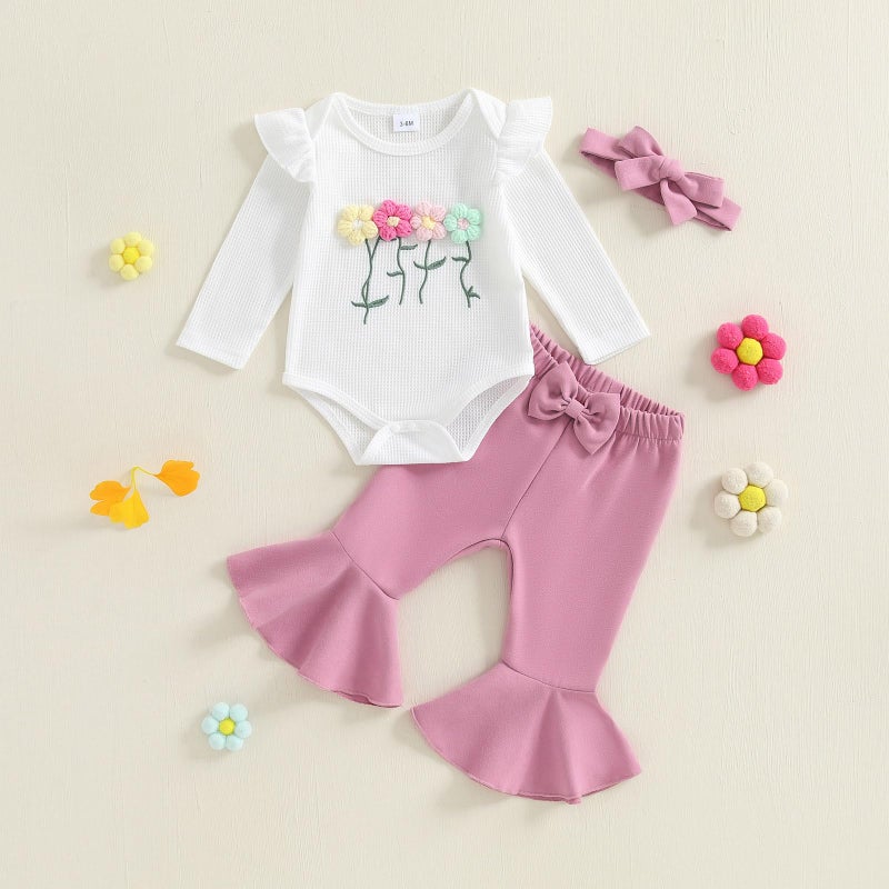 Douhoow Fall Baby Girl Clothes Crochet Flower Embroidery Baby Girl Romper Flared Pants Headband Infant Girl Festival Outfits (White, 6-9 Months) - Image 2