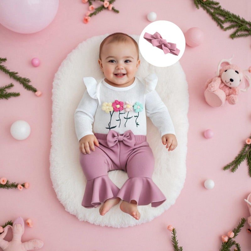 Douhoow Fall Baby Girl Clothes Crochet Flower Embroidery Baby Girl Romper Flared Pants Headband Infant Girl Festival Outfits (White, 6-9 Months) - Image 4