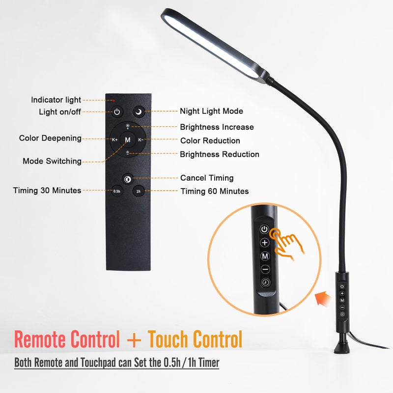 CeSunlight Clamp Lamp, Ultra Bright Clip on Light, CRI>95,18W, 3000 LMS, 3 Color Modes, Soft Touch Control with Timer, Eye-Caring Task Lamp with Remote for Reading, Home, Office (Adapter Included) - Image 5