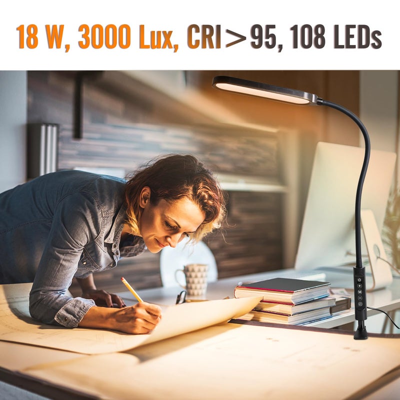 CeSunlight Clamp Lamp, Ultra Bright Clip on Light, CRI>95,18W, 3000 LMS, 3 Color Modes, Soft Touch Control with Timer, Eye-Caring Task Lamp with Remote for Reading, Home, Office (Adapter Included) - Image 4
