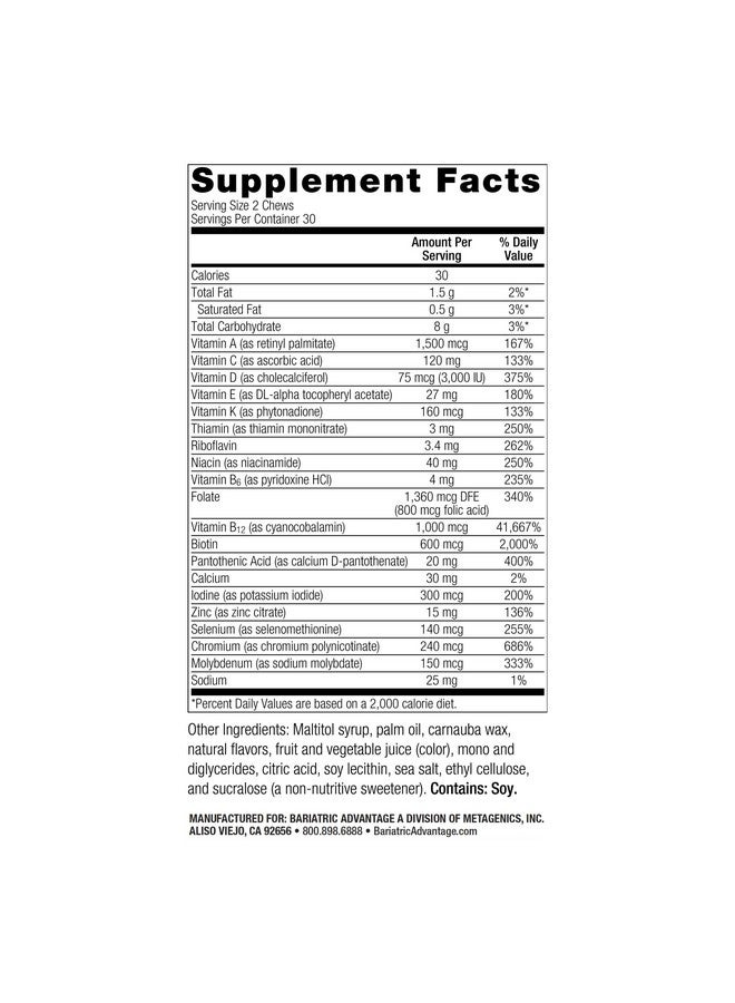 بارياتيك أدفانتج أقراص بارياتريك أدفانتج متعددة المضغ - أقراص متعددة الفيتامينات سهلة المضغ لمرضى جراحات السمنة - أقراص متعددة الفيتامينات قابلة للمضغ مع حمض الفوليك وفيتامين د3 وغيرها - بنكهة البرتقال الاستوائي - 60 قرصًا - Image 1