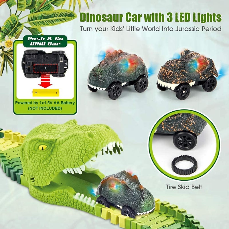 Mini Tudou 174 PCS Flexible Dinosaur Train Tracks and Race Cars Playset with 8 Dinosaurs Figures Electric Vehicles Lights  Create Road Racing World for Toddlers and Kids - Image 3