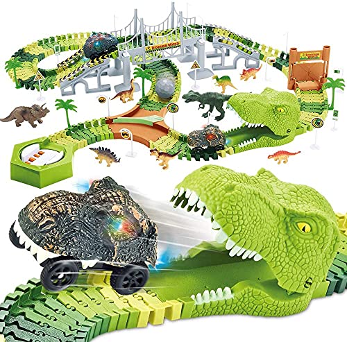 Mini Tudou 174 PCS Flexible Dinosaur Train Tracks and Race Cars Playset with 8 Dinosaurs Figures Electric Vehicles Lights  Create Road Racing World for Toddlers and Kids - Image 1