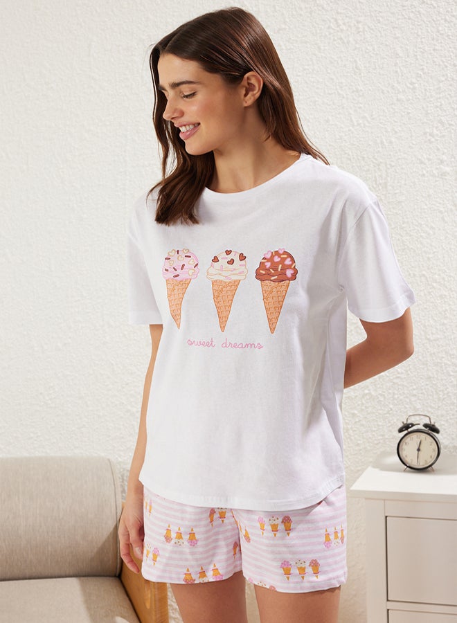 trendyol White % Cotton Ice Cream Printed Shorts Knitted Pajama Set - Image 3
