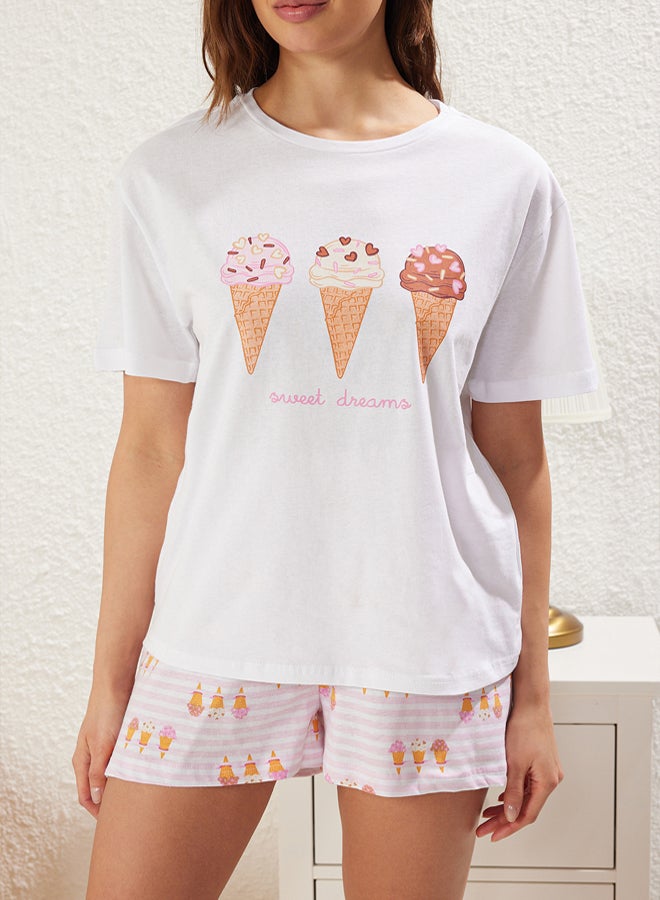 trendyol White % Cotton Ice Cream Printed Shorts Knitted Pajama Set - Image 4