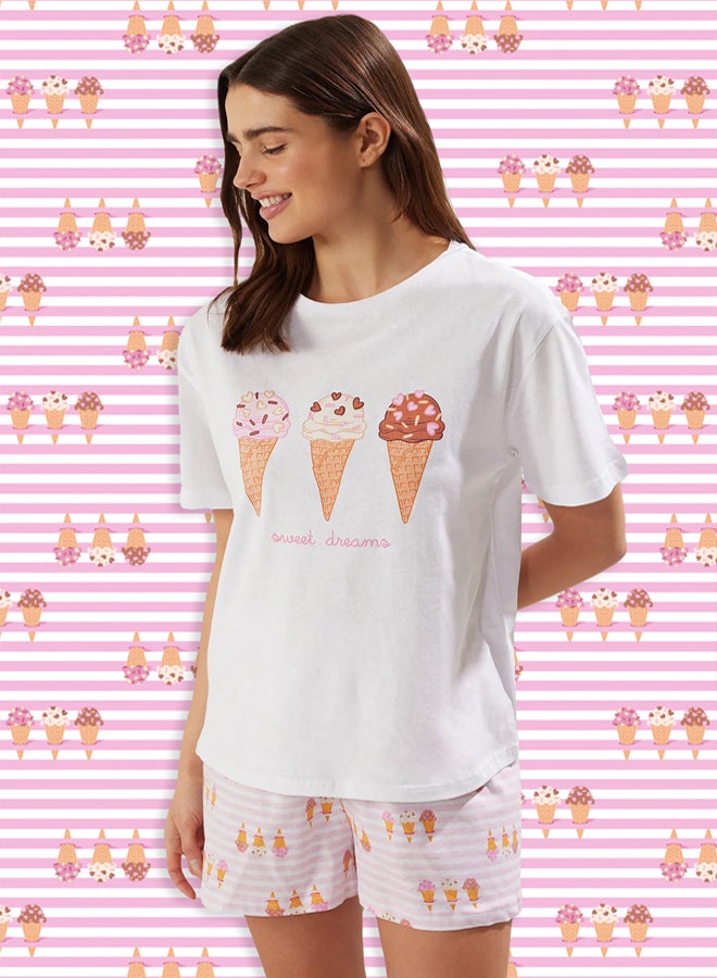 trendyol White % Cotton Ice Cream Printed Shorts Knitted Pajama Set - Image 1