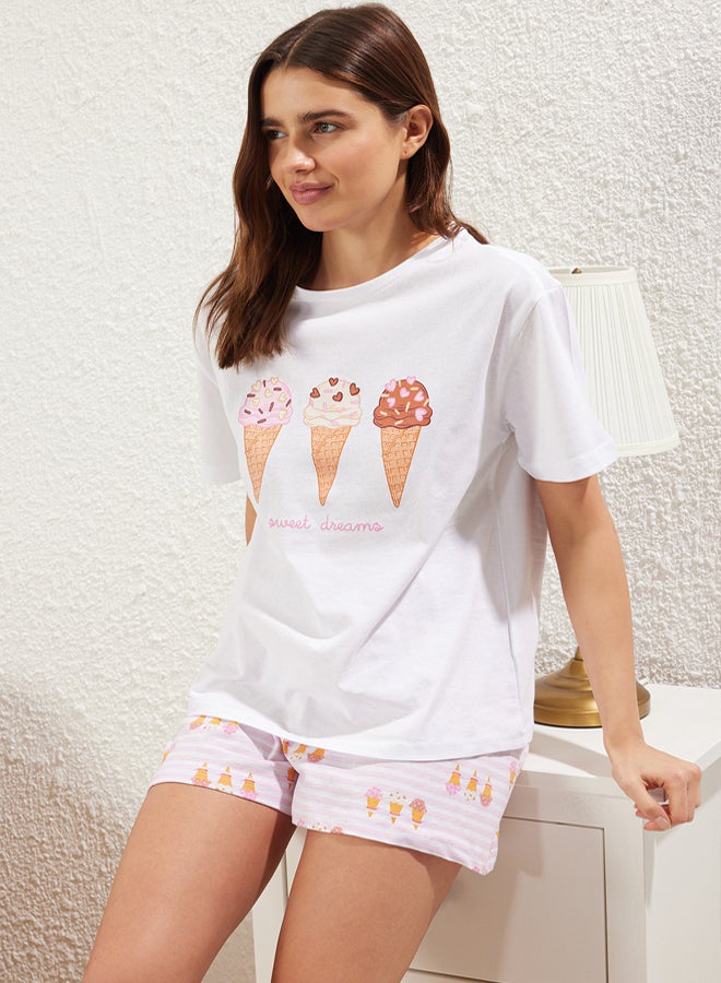 trendyol White % Cotton Ice Cream Printed Shorts Knitted Pajama Set - Image 2