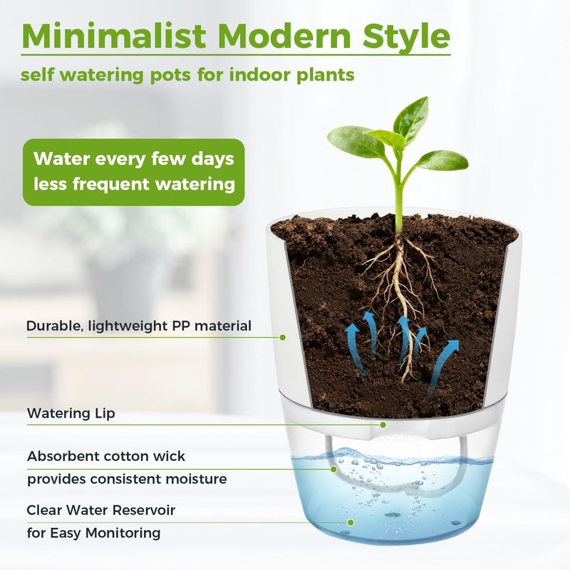 Planterhoma 6 Pack Self Watering Pots for Indoor Plants, PlanterHoma 3.2/4/6 Inch Plant Pot Plastic Self Watering Planter for Orchid, African Violet, Small Clear Flower Pots with Drainage Holes and Wicking, White - Image 5