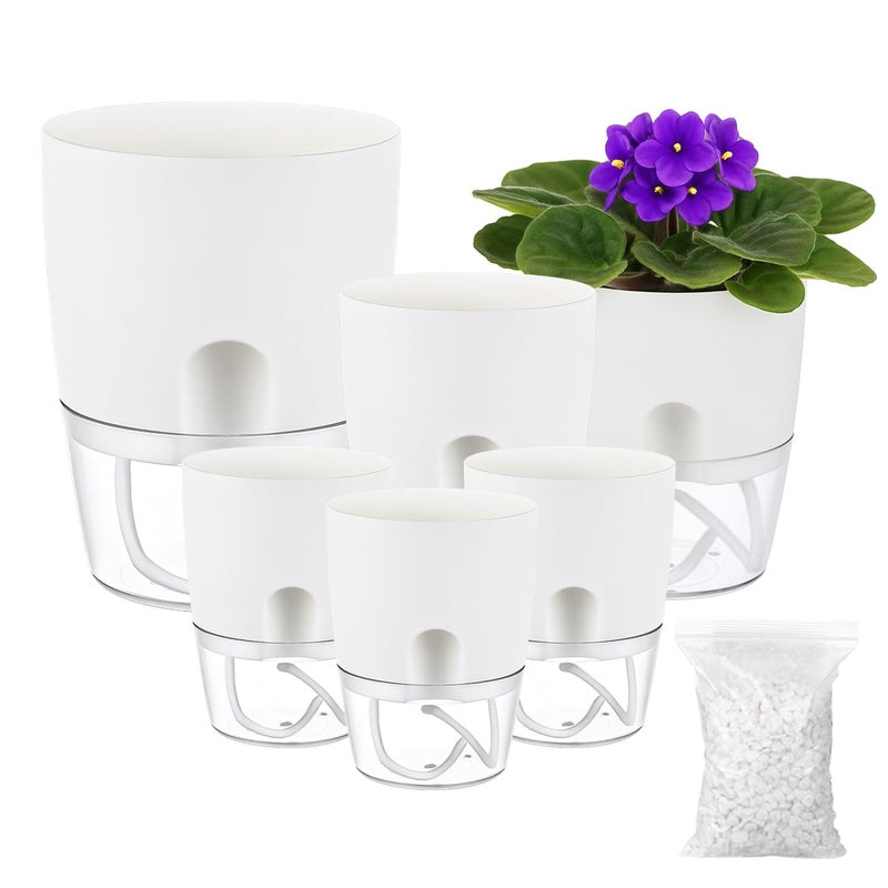 Planterhoma 6 Pack Self Watering Pots for Indoor Plants, PlanterHoma 3.2/4/6 Inch Plant Pot Plastic Self Watering Planter for Orchid, African Violet, Small Clear Flower Pots with Drainage Holes and Wicking, White - Image 1