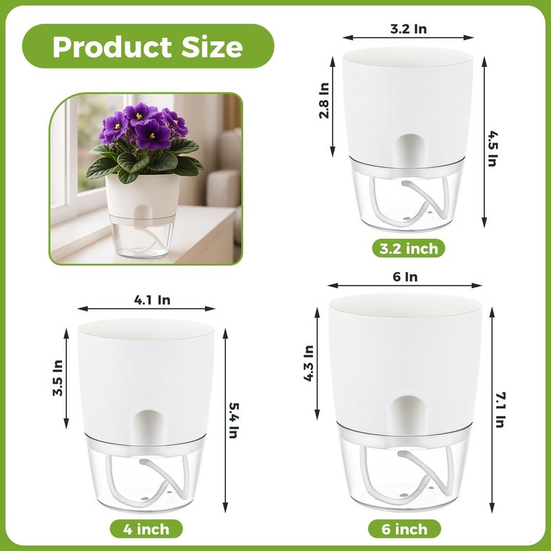 Planterhoma 6 Pack Self Watering Pots for Indoor Plants, PlanterHoma 3.2/4/6 Inch Plant Pot Plastic Self Watering Planter for Orchid, African Violet, Small Clear Flower Pots with Drainage Holes and Wicking, White - Image 3