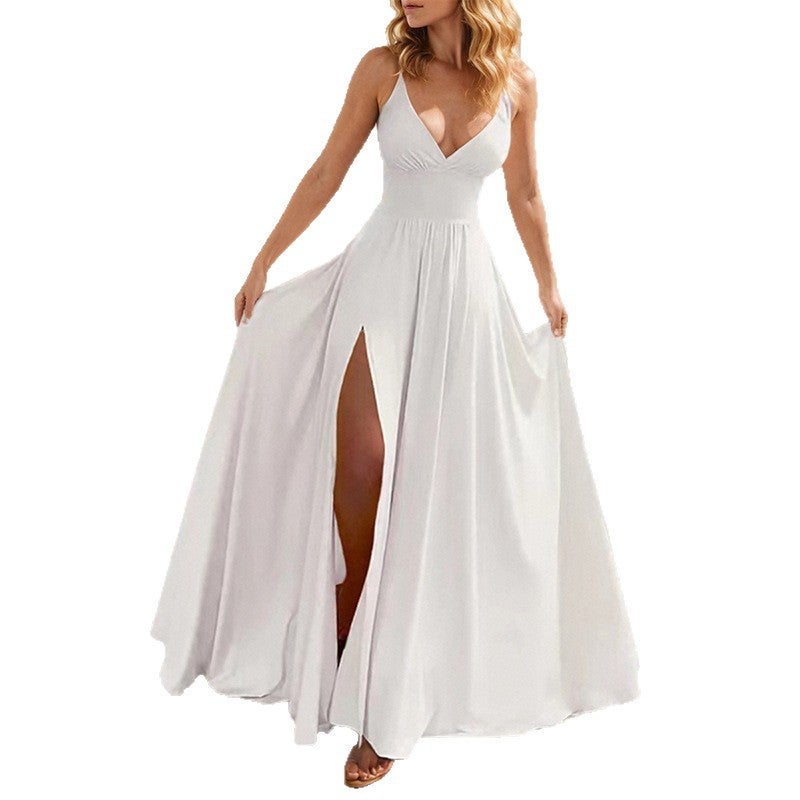 2026 Spring Women's Spaghetti Strap Dress, Solid Color Slit Long Dress - Image 5