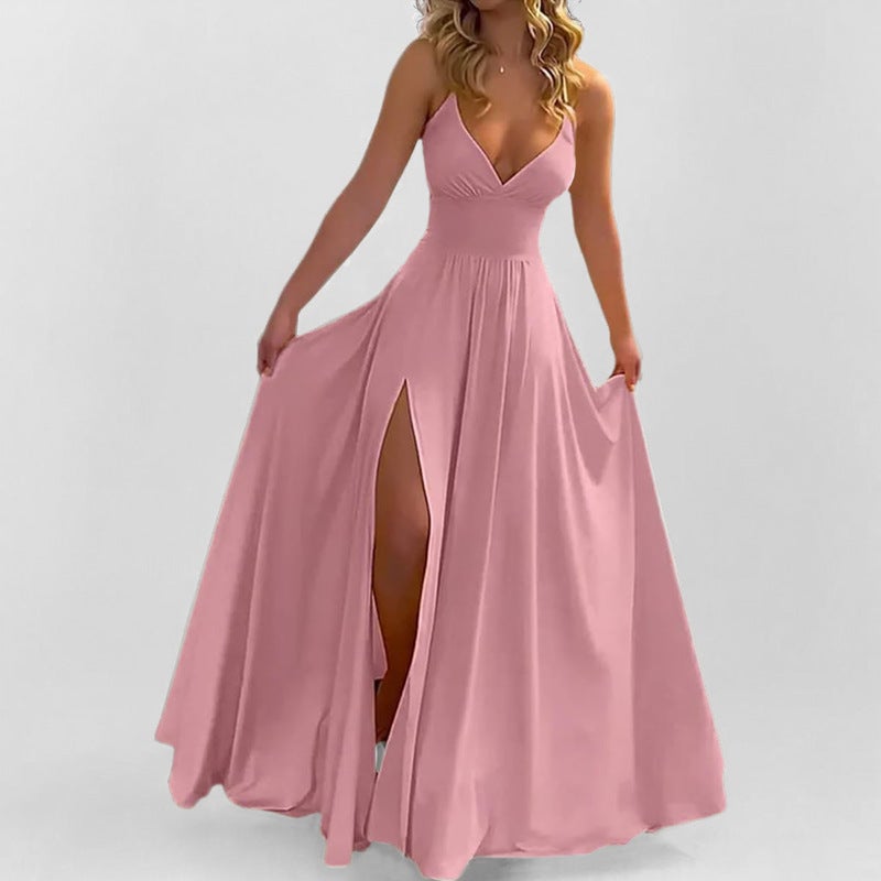 2026 Spring Women's Spaghetti Strap Dress, Solid Color Slit Long Dress - Image 2