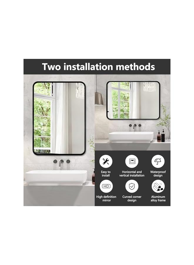 The Bros 70×50cm Bathroom Wall Mirror - Black Aluminum Alloy Frame, Dual Horizontal/Vertical Mounting, Modern Square Mirror for Bathroom Decor, Durable & Rust-Resistant Design - Image 3