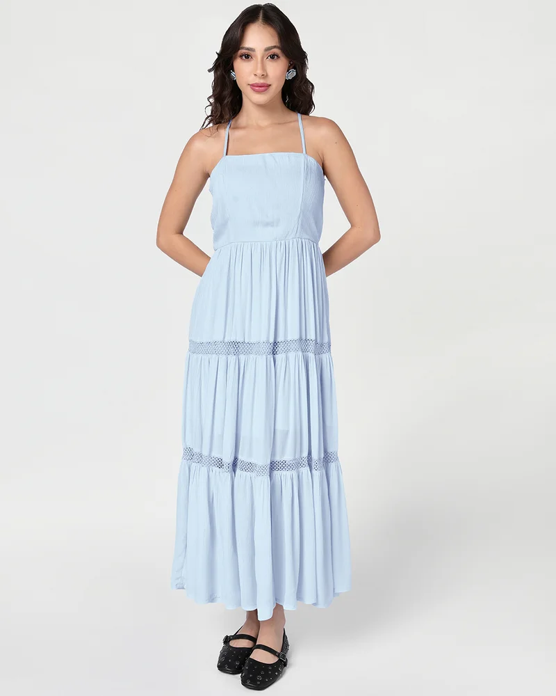 بيواكوف Women's Light Blue Textured Flared Maxi Dress