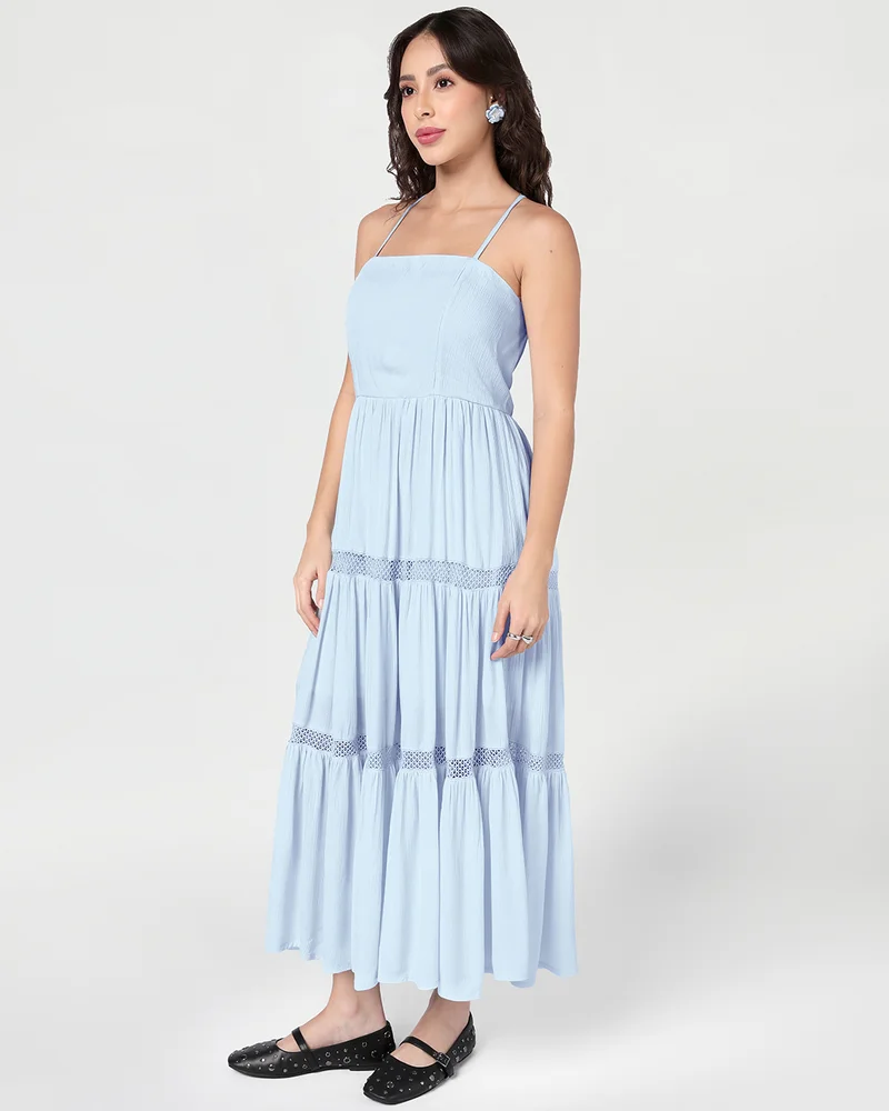 بيواكوف Women's Light Blue Textured Flared Maxi Dress