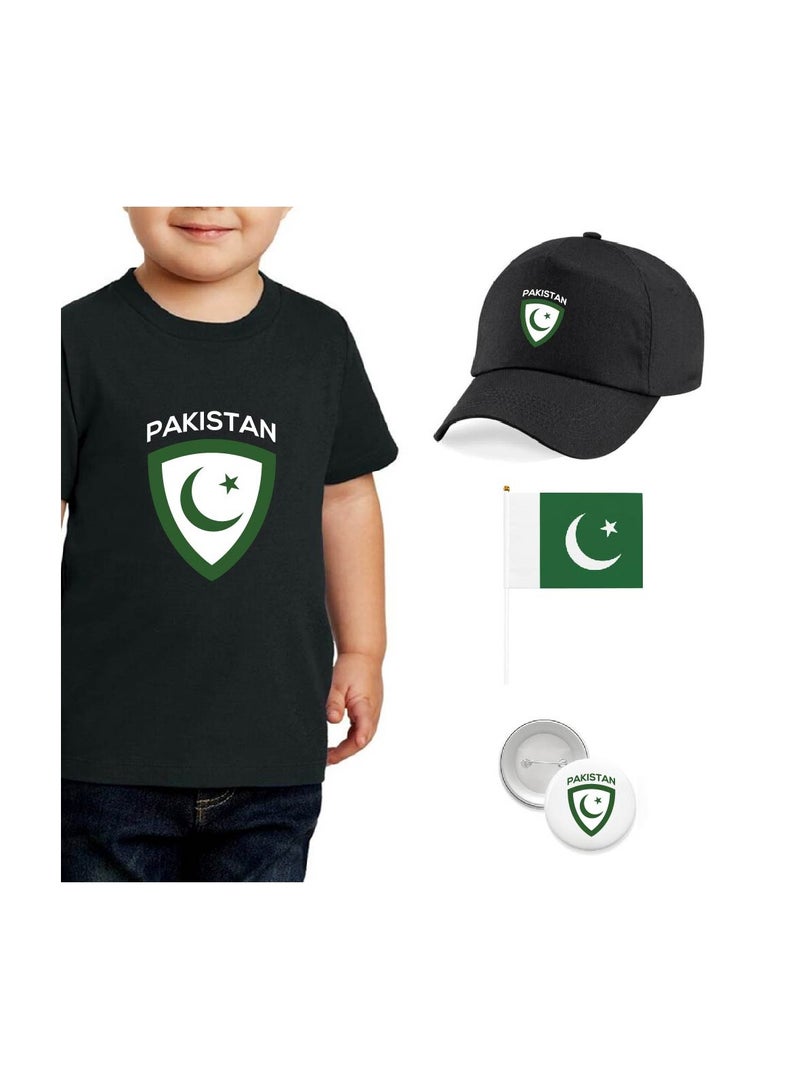 Pakistan Independence Day T Shirt for Boys, Cap, Badge, Flag Set Celebrate Pakistan Independence Day with this Kids Combo Pack in Style - Image 1