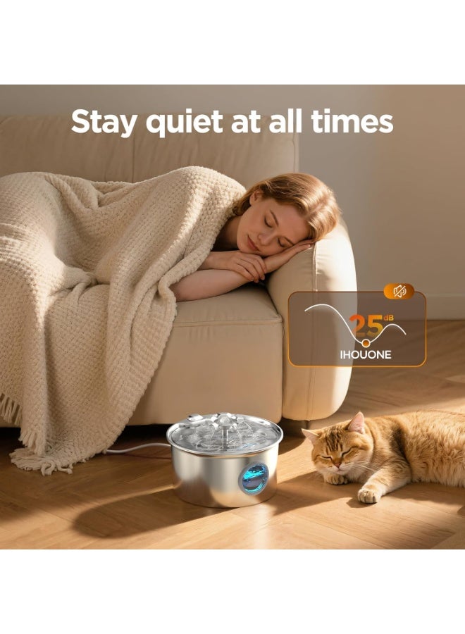 منى للألعاب نافورة ماء للقطط من الفولاذ المقاوم للصدأ بسعة ‎3.2‎ لتر مع نافذة شفافة، نافورة ماء أوتوماتيكية هادئة للحيوانات الأليفة مع فلتر كربوني وحصيرة تجفيف سريعة، مناسبة للقطط والكلاب داخل المنزل - Image 3