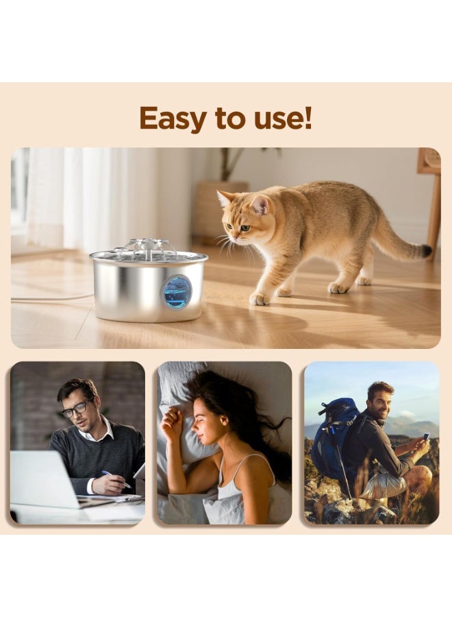 منى للألعاب نافورة ماء للقطط من الفولاذ المقاوم للصدأ بسعة ‎3.2‎ لتر مع نافذة شفافة، نافورة ماء أوتوماتيكية هادئة للحيوانات الأليفة مع فلتر كربوني وحصيرة تجفيف سريعة، مناسبة للقطط والكلاب داخل المنزل - Image 4